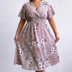 Plus Size Vestidos Mulheres Senhora Elegante Decote Em V Collar Roupas Com Manga Curta Elástico Poliéster De Cintura Alta Plus Size Vestido De Verão