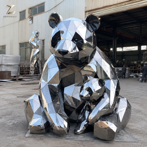 Statue de panda et d'ours en acier inoxydable finition miroir, sculpture géométrique mère et jeune pour la décoration de la cour de villa, de l'entrée d'hôtel - Product Image 2