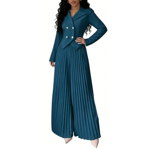 ชุดเซ็ต 2 ชิ้นสำหรับผู้หญิง กางเกงพลีทขายาวทรงกระบอก ชุดสูทครอปกระดุมสองแถว กางเกงขากว้าง ชุดทำงานแฟชั่น - Product Image 1