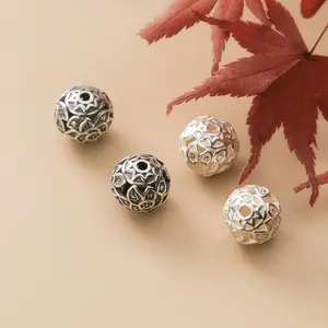 S925 Sterling Silver Matte Frosted Lotus Pattern Spacer Beads 12mm Hollow Perforated Round Beads Charms For DIY Bracelet Making