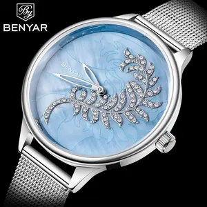 Benyar 5157顶级奢华女孩手表极简主义石英女士手表手腕防水钻石设计休闲连衣裙Reloj de muje