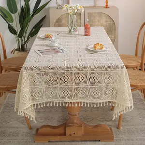 American pastoral style handmade beige cotton crochet lace tassel hollowed out tablecloth