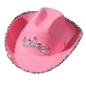 หมวกคาวเกิร์ลสีชมพูประดับมงกุฎ หมวกคาวเกิร์ลแบบมีไฟกระพริบ พร้อมมงกุฎและสายรัดคอ ทำจากผ้าสักหลาด อุปกรณ์เสริมชุดคาวบอยสำหรับงานปาร์ตี้ - Product Image 1