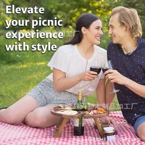 Retro solid wood wine rack folding <b>table</b>, <b>outdoor</b> wine glass holder, snack tray, portable wooden wine <b>table</b> - Product Image 3