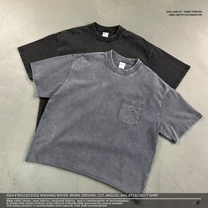 270gsm 100% Cotton Washed Vintage Frayed Cut Shoulder Hollow Out Slant Patch <b>Pocket</b> Roll Hem Casual <b>T</b>-<b>shirt</b> - Product Image 3