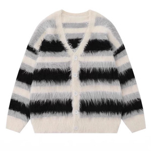 Women's Striped Mink Fur Knitted <b>Cardigan</b> Loose Fit Single Breasted Vintage Style Autumn Winter Sweater Coat - Product Image 4