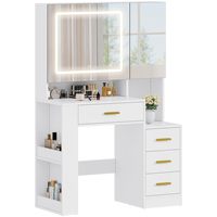 Coiffeuse avec double miroir et éclairage LED, tiroirs, meuble à bijoux, bureau de maquillage, pour chambre/appartement/zone de dressing, blanc