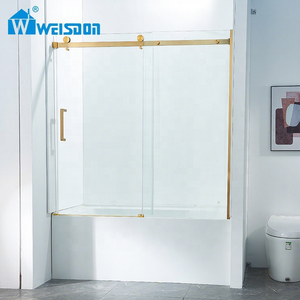 Cabina <span class=keywords><strong>de</strong></span> ducha <span class=keywords><strong>de</strong></span> acero inoxidable dorado cepillado Weisdon, pantalla <span class=keywords><strong>de</strong></span> ducha <span class=keywords><strong>de</strong></span> <span class=keywords><strong>vidrio</strong></span> deslizante individual sin marco - Product Image 1