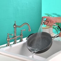 Robinet de cuisine en nickel brossé, type pont, à deux poignées avec douchette latérale, arc haut, robinet pont traditionnel à montage sur comptoir, levier de commande