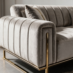 PZCN <span class=keywords><strong>HOME</strong></span> Vente en gros Usine OEM Ensemble complet de canapés de salon en velours gris capitonné style Art Déco avec métal doré pour salon et hôtel - Product Image 3