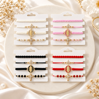 Set Gelang Kristen dengan Liontin Salib, Tali Anyaman Berhiaskan Rhinestone, Gelang Religius, Perhiasan Hadiah Grosir untuk Wanita dan Pria
