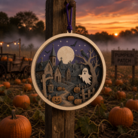 Ornement d'Halloween personnalisé en contreplaqué peuplier de 3 mm découpé au laser, thème Village Hanté, pour la décoration d'automne, conforme CPSC, DDP