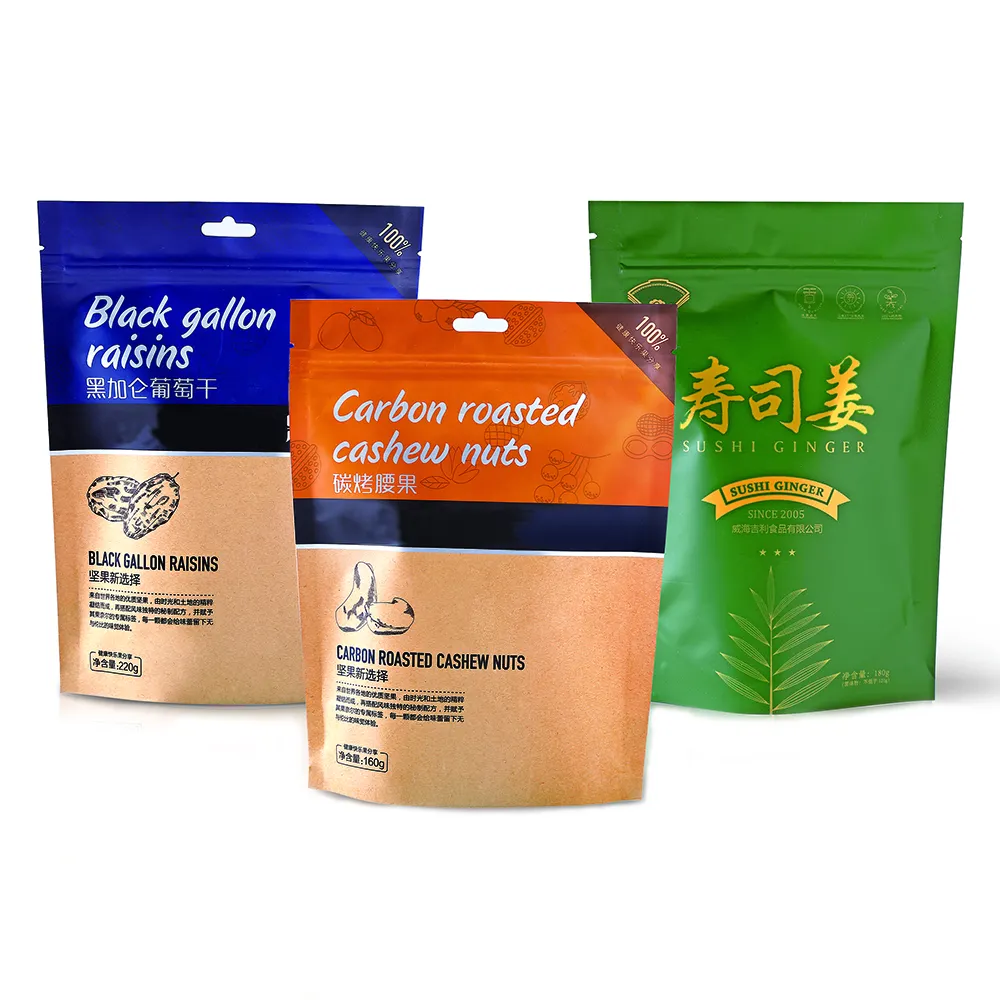 Aangepaste Bedrukte Eco Food Rits Stand Up Pouch Verpakking Composteerbaar Zip Lock Kraft Papier Snack Noot Doypack Bag Met Venster