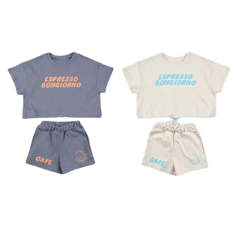 Summer latest kids Boutique print jogging suit ins toddler baby girl short-sleeved letters solid 100% cotton shorts and top sets