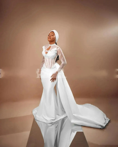 Mumuleo <span class=keywords><strong>Robe</strong></span> de mariée sirène <span class=keywords><strong>blanche</strong></span> à col haut transparent Aso Ebi avec surjupe Vestido De Festas Longo Casamento <span class=keywords><strong>Robe</strong></span> de mariée - Product Image 2