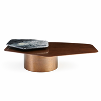 Table basse de luxe en pierre et bois avec plateau en acier laqué laiton, style italien moderne, minimaliste, élégant et peu encombrant pour villa
