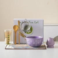 Ensemble Matcha avec logo motif Sakura, bol en céramique Chawan, support pour fouet, fouet en bambou, passoire à thé en métal, ensemble cadeau Matcha pour la cérémonie du thé