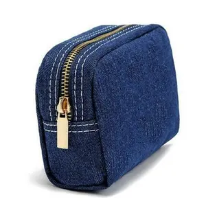 Manufacturing promotional small cosmetic bag blue denim zipper pouch for cosmetics