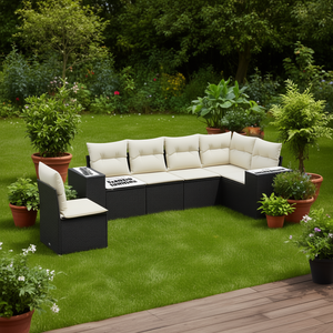 Ensemble de canapés de jardin noir et crème, meubles en rotin d'extérieur avec coussins en mousse haute densité, design contemporain imperméable - Product Image 2