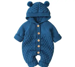 Good Quality autumn winter knitted hooded jumpsuit newborn baby cute sweater clothes baby Clothes bodysuit