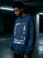 Sweat-shirt à col rond épais avec impression DTG Kornit, motif graphique cybernétique, style streetwear minimaliste, haut décontracté pour le quotidien