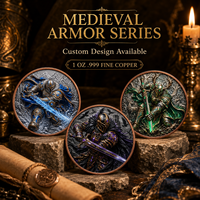 Pièce de monnaie en cuivre pur 999 de 1 oz, série Armure Médiévale, Guerrier en relief 3D coloré, édition collector UV
