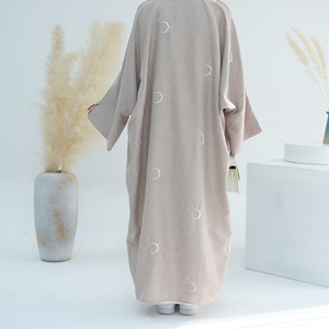 Abaya musulmane pour femmes Loriya, dernière collection, broderie lunaire, ouverte, vêtements islamiques, <span class=keywords><strong>robe</strong></span> avec manches fendues, abayas <span class=keywords><strong>en</strong></span> <span class=keywords><strong>lin</strong></span> pour femmes musulmanes, pour l'Aïd - Product Image 6