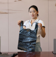 Sacs de courses et de vente au détail en plastique PE jetables, recyclables, noirs, à fond plat, avec motif 'Thank You Smile Face', design classique, pour supermarchés et détaillants