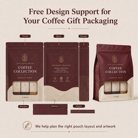 Sac cadeau pour café à fond plat imprimé sur mesure avec fermeture éclair pour échantillons de café, assortiment varié et emballage de marque privée