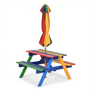 Outdoor <b>Kids</b> <b>Picnic</b> Table <b>Bench</b> Set 4 Seater With Removable Umbrella Multicolor Wood Square Contemporary Design - Product Image 1