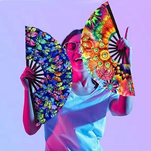 Large Folding Hand Fans for Rave UV Rainbow Handheld Fan with Bamboo Ribs and Fabric Case Painted Technique Business <b>Gift</b> - Product Image 6