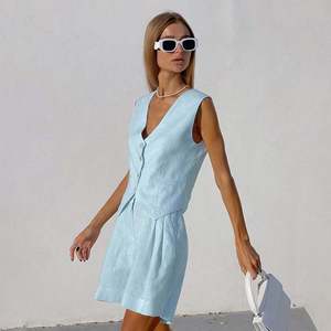 Women’s Summer Outfit Sleeveless Vest Tank Top and Shorts <b>Set</b> Cotton <b>Linen</b> with Lace Detail - Product Image 4