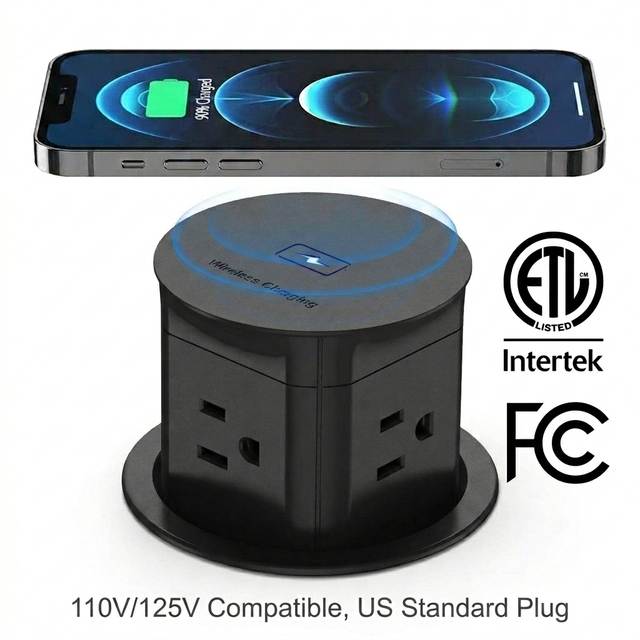 US Standard Desktop Plug 4AC Outlet 15W Wireless Charger Desktop Pop up Socket Kitchen Counter Pop up Outlet Manufacturer