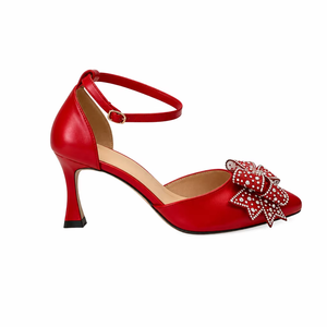 Women Genuine Leather Pointed Toe <b>Mary</b> <b>Jane</b> Pumps With Bowknot Ankle Strap Kitten Heel <b>Black</b> Red White - Product Image 5