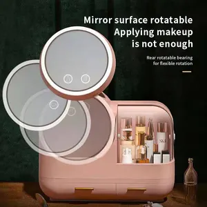 Makeup Bag Organizer Cosmetic Storage Case 360 Rotating Led Mirror Box For Skincare Perfume & Jewelry Organizer