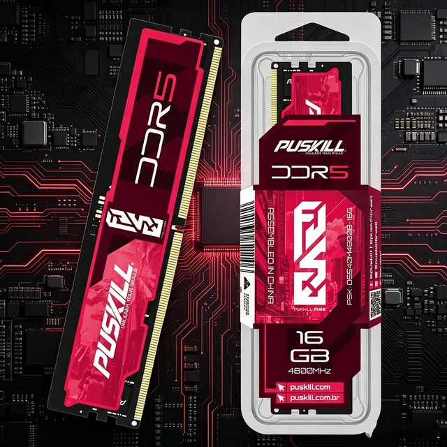 PUSKILL DDR5 16GB 4800MHz Desktop Memory RAM Module Red Black Design Assembled In China