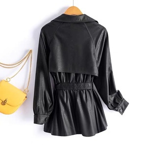 Manteau <span class=keywords><strong>trench</strong></span> décontracté <span class=keywords><strong>en</strong></span> cuir PU pour femme, veste ceinturée <span class=keywords><strong>à</strong></span> la taille avec col <span class=keywords><strong>à</strong></span> revers, 2 couleurs disponibles - Product Image 3