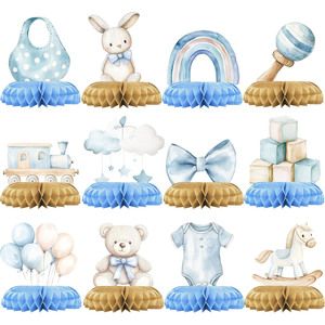 Centres de table en papier nid d'abeille de style américain en denim bleu pour la décoration de table de fête d'anniversaire d'un garçon - Product Image 5