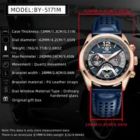 Nouvelle montre de sport étanche BENYAR pour homme 2026, bracelet en cuir véritable, 42 mm, chronographe multifonction, montre-bracelet à quartz verte