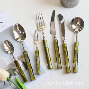 Shiny-Jh Stainless Steel Cutlery Set <b>Acrylic</b> Bamboo Handle 304 Steel <b>Mirror</b> Polished For Hotel Home Use - Product Image 1