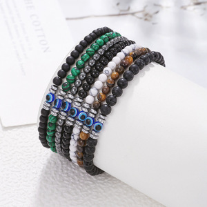 Bracelet Hip Hop Unisexe Personnalisé en Malachite Naturelle 4mm, <span class=keywords><strong>Pierre</strong></span> <span class=keywords><strong>de</strong></span> <span class=keywords><strong>Lave</strong></span> et Perles Œil <span class=keywords><strong>de</strong></span> Tigre, avec Œil du Démon Bleu, pour Prière et Yoga - Product Image 1