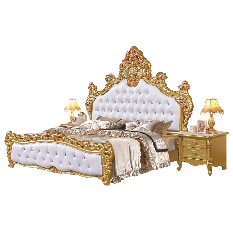 French royal palace king size double bed bedroom gold European furniture set luxury leather princess bed