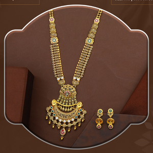 Collar largo de oro premium con colgante de motivo de pavo real, joyería tradicional india para novias, diseño étnico elegante estilo Harem. - Product Image 3