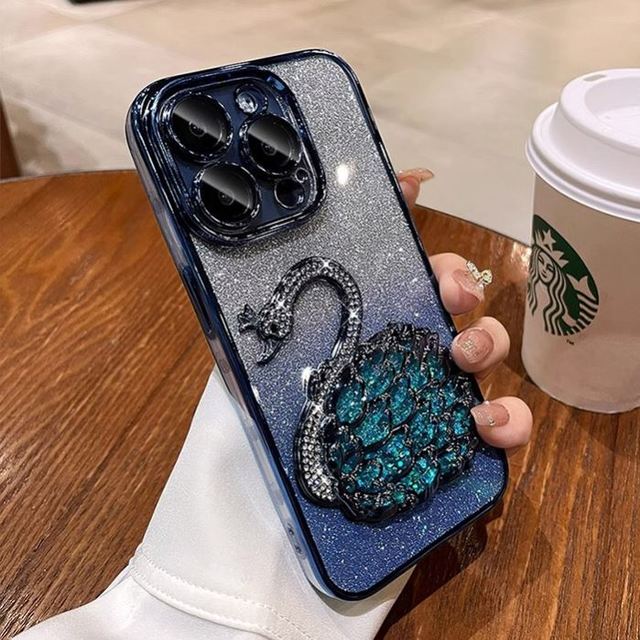 Fashion Liquid Floating Quicksand Bling Glitter Swan Gradient Color Electroplated Phone Case for iPhone 15 14 13 12 11 Pro