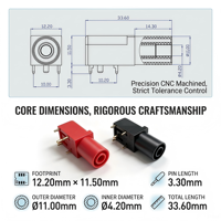 Prise banane de sécurité 4 mm à montage sur circuit imprimé, en laiton plaqué or avec boîtier isolant PA, 5 couleurs, max. 32A, pour test de puissance industrielle