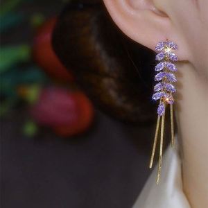 Hypoallergenic Needle Purple Zircon Diamond <b>Earring</b> Micropaved Zirconia Wheat Drop Long Tassel <b>Earrings</b> Women Bridal Jewelry - Product Image 4