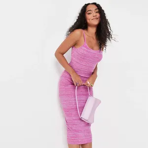 Women Fashion Trendy Clothing Sexy Spaghetti Slip Bright Pink Space Dye Knit Cami Midaxi Bodycon Dress