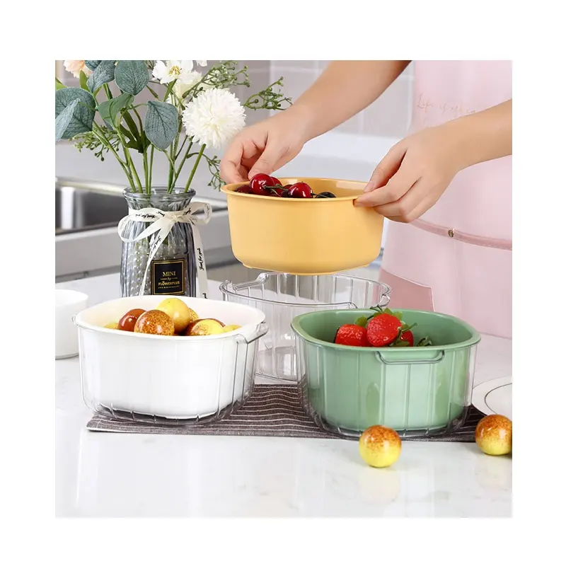 Creative House PET vegetable fruit drain basket food container 2 in 1 detachable plastic double sink drain basket