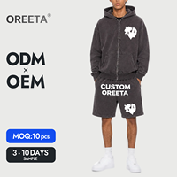 Ensemble survêtement homme gris foncé délavé avec logo personnalisé, sweat à capuche zippé et short, imprimé graphique, streetwear, OEM ODM, 2 pièces en coton