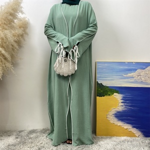 1446+6595#B 2 PCS New Popular <b>Set</b> Crepe Split Lace up Sleeves White Line Abaya Match Loose Sleeveless Inner Dress Abaya Dress - Product Image 5